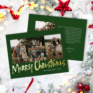 Green Modern Lettering Five Photo Merry Christmas Foil Holiday Card