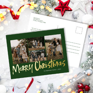 Green Modern Lettering Five Photo Merry Christmas Foil Holiday Postcard