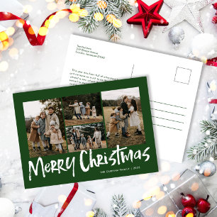 Green Modern Lettering Five Photo Merry Christmas Holiday Postcard