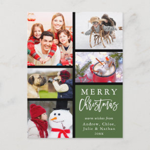 Green Modern Merry Christmas Photo Collage Holiday Postcard
