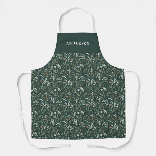 Green modern minimal botanical elegant personalise apron (Front)