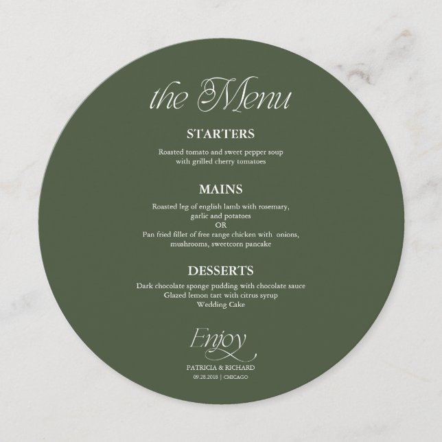 Green Modern Minimalist Circle Wedding Menu (Front)