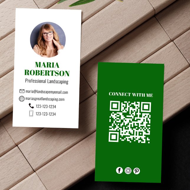 Green Modern Minimalist QR Code Social Media  Business Card (Minimalist modern simple green business card.)