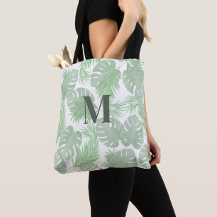 Green Modern Monogram Palm Leaves Custom Tote Bag