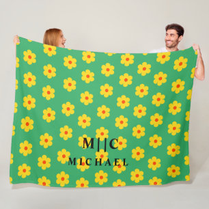 Green modern monogram retro floral fleece blanket