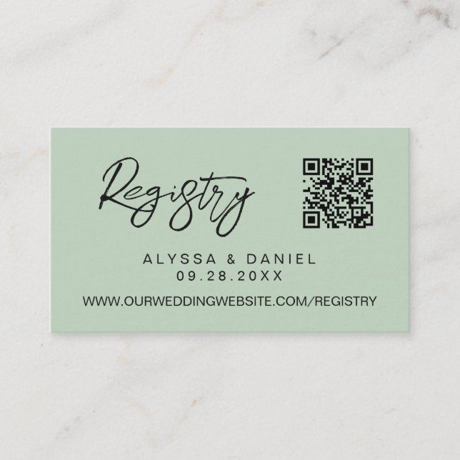 Green Modern QR code wedding registry custom Enclosure Card (Front)