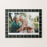 Green modern rustic tartan check family photo jigsaw puzzle<br><div class="desc">Green modern rustic tartan check family photo gift. Stylish modern elegant design.</div>