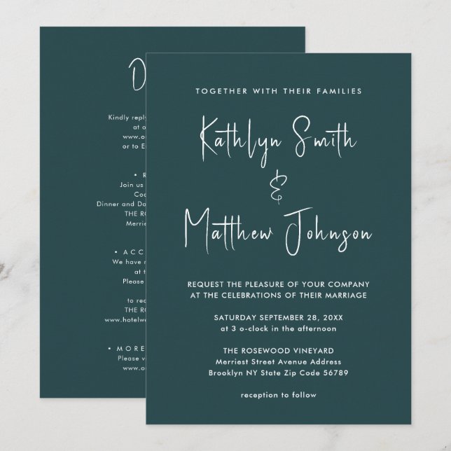 Green Modern Script All In One Minimalist Wedding Invitation (Front/Back)