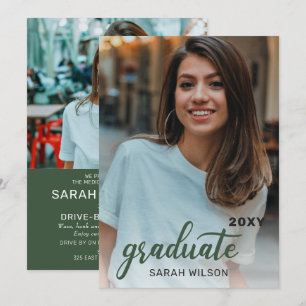 Green Modern Script Graduate Two Photos Drive By I Invitation