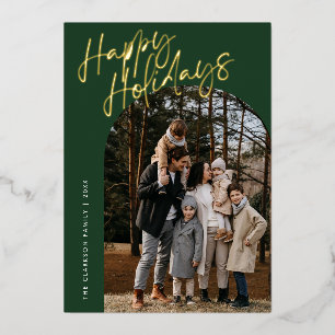 Green Modern Script Happy Holidays Arch 2 Photo Foil Holiday Card