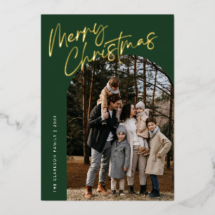 Green Modern Script Merry Christmas Arch 2 Photo Foil Holiday Card