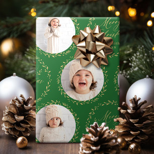 Green Modern Script Merry Christmas Family 6 photo Wrapping Paper