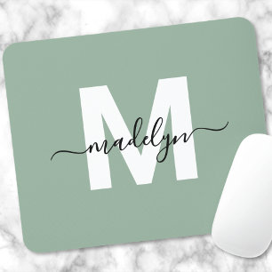 Green Modern Script Name Monogram Mouse Mat