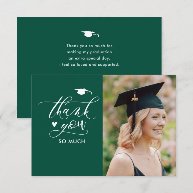 Green Modern Script Photo Minimalist Graduation Thank You Card (Front/Back)