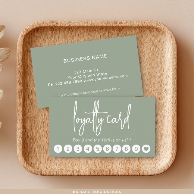 Green Modern Script Professional Loyalty Card (Reward Punch Loyalty Card, customize promotion on back, choose paper and corner style.)