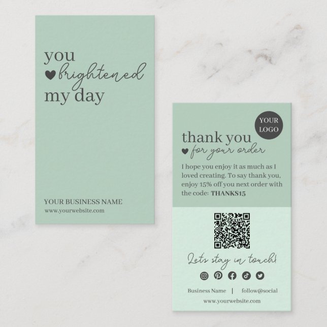 Green Modern Script QR Code, Thank You Candle Business Card (Front/Back)