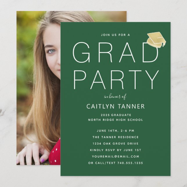 Green Modern Simple Photo Graduation Party Invitation (Front/Back)