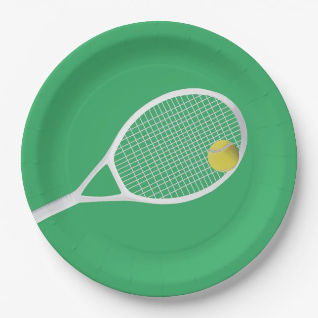Green Modern Tennis Ball White Racket  Paper Plate (Front)