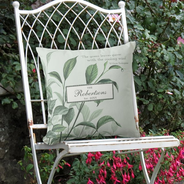 Green Modern Vintage Elegant Garden Leaves Quote Cushion (Creator Uploaded)