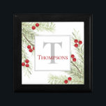 Green Modern Watercolor Holiday Monogram Gift Box<br><div class="desc">With painted light green winter pine along with red berries and a little grey sprig,  this simple minimalist design is great for those who like the simplicity and elegant holiday greenery. This design is editable. A wonderful way to wish Christmas and Holiday greetings and Cheer.</div>