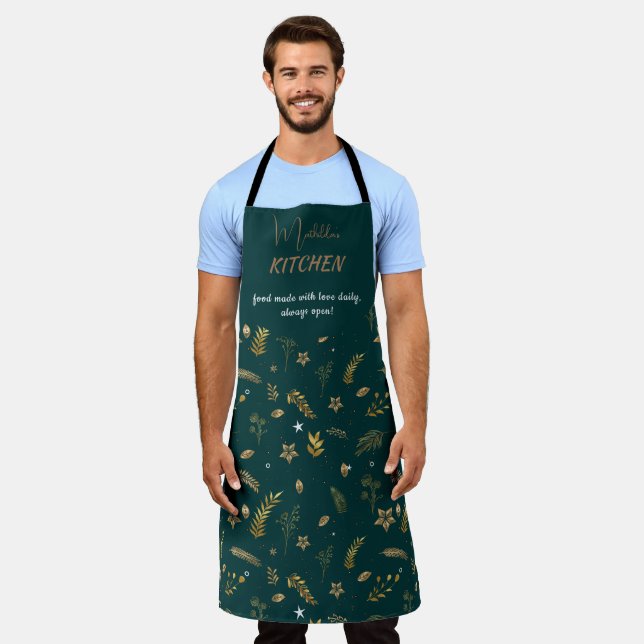 Green modern Winter Kitchen Gold Arch personalise Apron (Worn)
