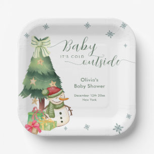 Green Modern Winter Snowman Baby Shower Paper Plate