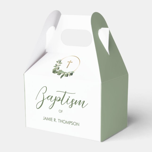 Green Modern Wreath gold cross Baptism Favour Box (Front Side)