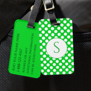 Green Monogram and Polka Dots Bright Colors Luggage Tag