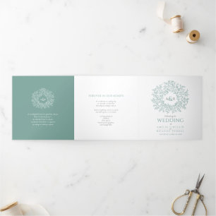 Green monogram art story dedication wedding Tri-Fo Tri-Fold Programme