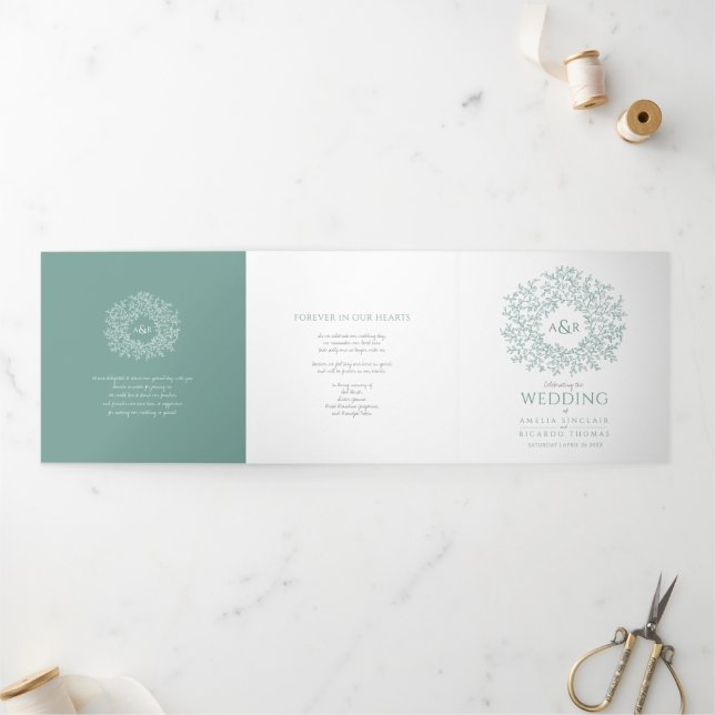 Green monogram art story dedication wedding Tri-Fo Tri-Fold Programme (Outside)