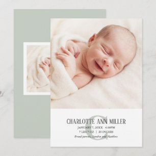 Green Monogram Baby Birth Announcement Photo Card