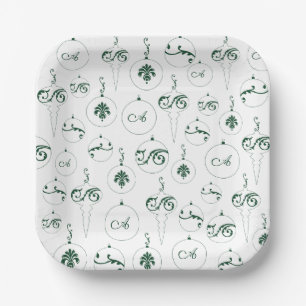 Green Monogram Bauble Pattern Square Christmas Paper Plate