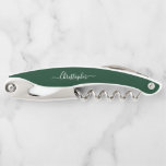 Green Monogram Beer Wine Corkscrew Bottle Opener<br><div class="desc">Create your own custom, personalised, classy modern elegant white calligraphy typography script font monogrammed on dark green background, chic stylish cool contoured ergonomic handle bottle opener featuring a stainless steel foil cutter blade, a beer bottle cap opener, and a steel spiral corkscrew wine bottle opener. Simply type in your name...</div>