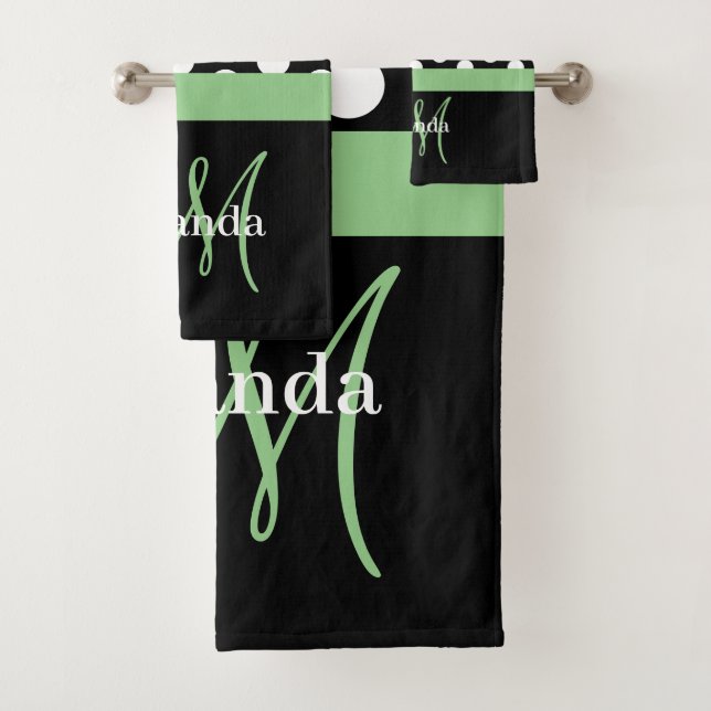Green Monogram Black White Polka Dot Bath Towel Set (Insitu)