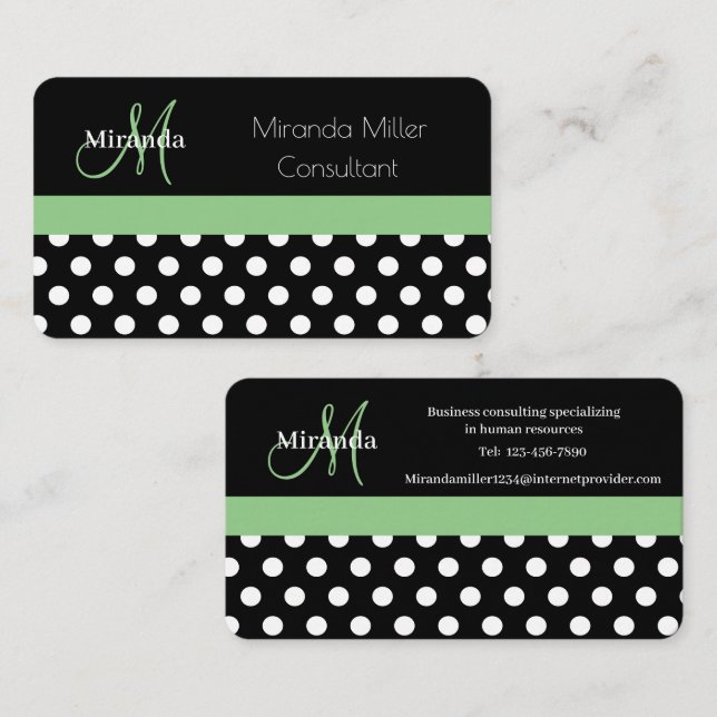 Green Monogram Black White Polka Dot Business Card (Front/Back)