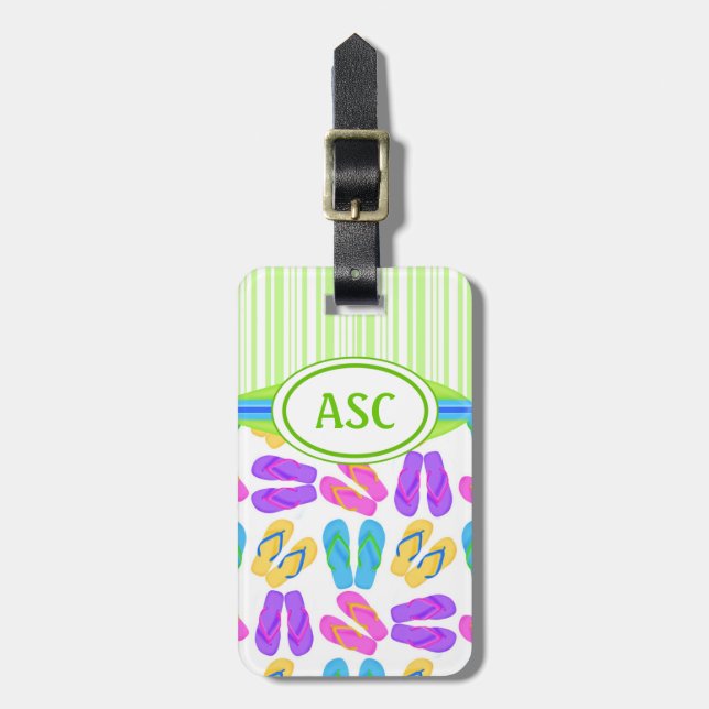 Green Monogram Colourful Flip Flops Beach Luggage Tag (Front Vertical)