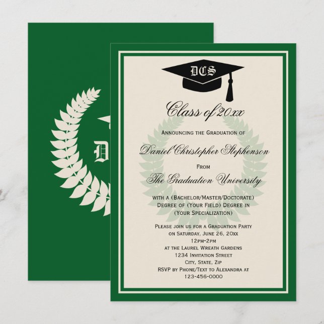 Green Monogram Laurel Classic College Graduation Invitation (Front/Back)