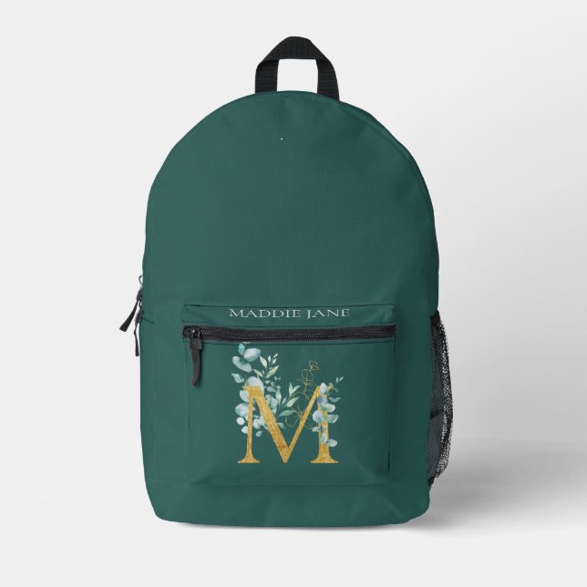 Green Monogram M Name  Printed Backpack (Front)
