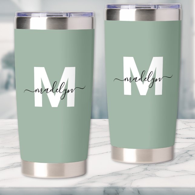 Green Monogram Name Insulated Tumbler (Sage Green Modern Monogram Name Insulated Tumbler)