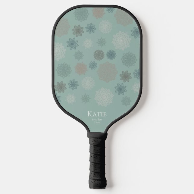 Green Monogram Name White Mandala Pickleball Paddle (Front)