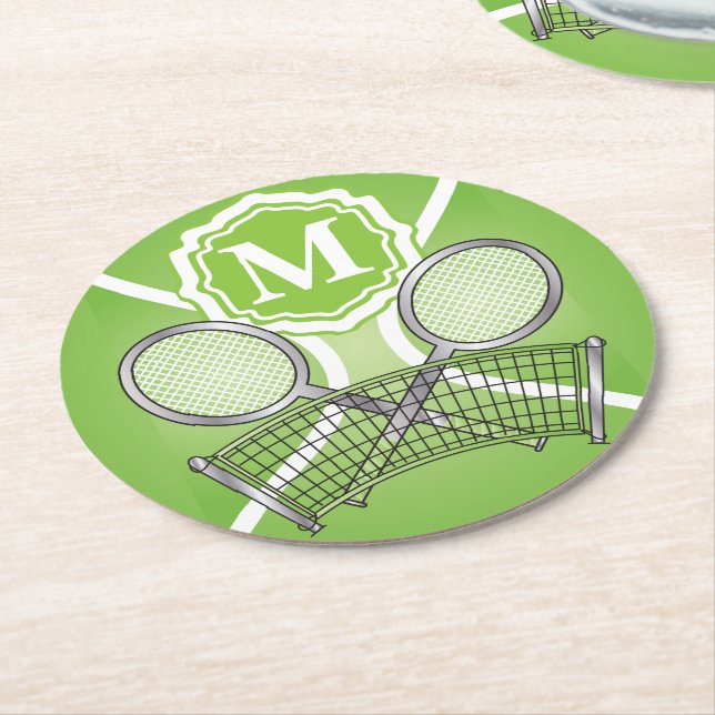 Green Monogram Tennis Round Paper Coaster (Angled)