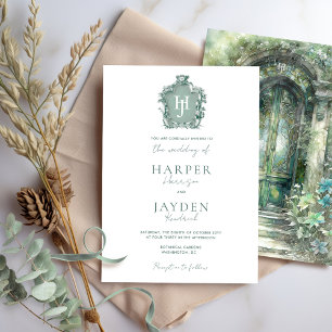 Green Monogram Timeless Elegant Watercolor Wedding Invitation