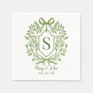 Green Monogram Wedding Cocktail Napkins with Bow