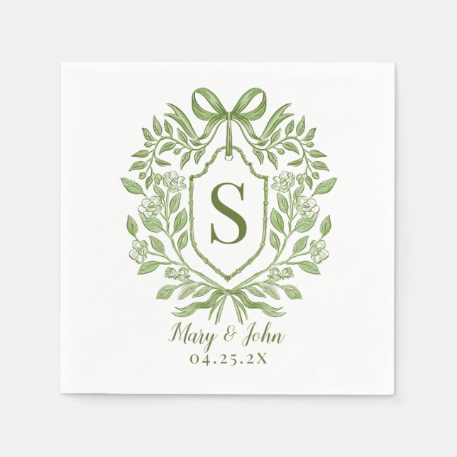 Green Monogram Wedding Cocktail Napkins with Bow (Front)