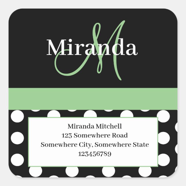 Green Monogram White Polka Dot Return Address Square Sticker (Front)