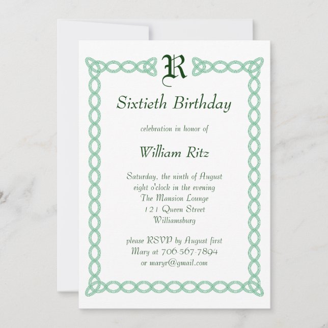 Green Monogrammed Birthday Invitation (Front)