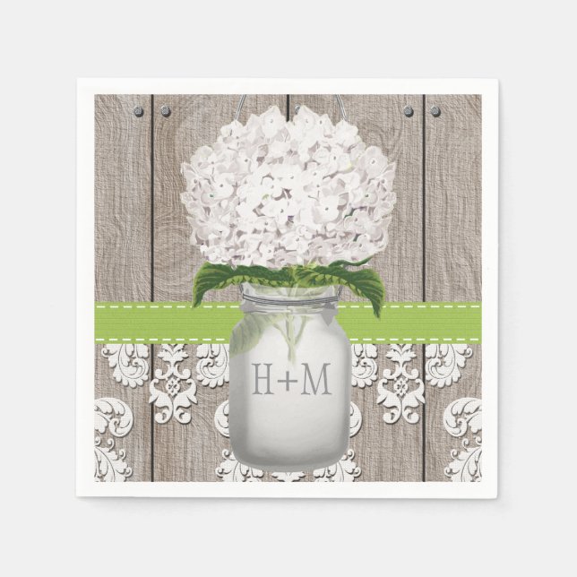 Green Monogrammed Hydrangea Mason Jar Napkin (Front)