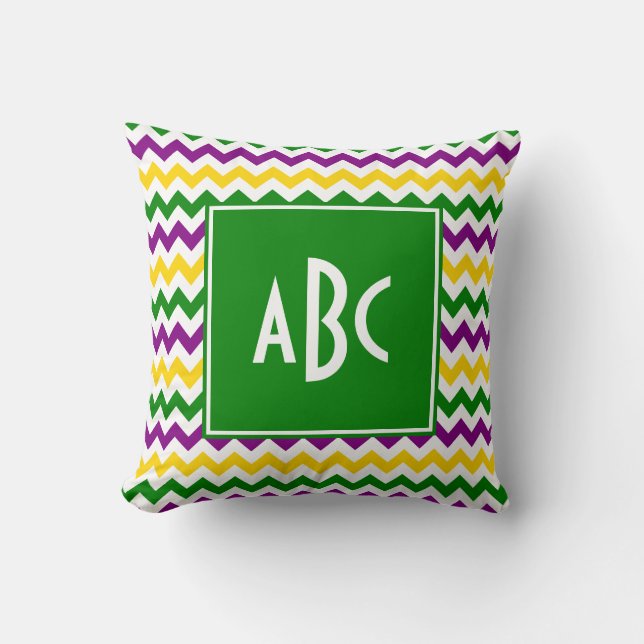 Green Monogrammed Mardi Gras Zigzag Cushion (Front)