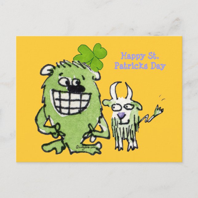 Green Monster Goat Shamrock Cartoon Postcards (Front)