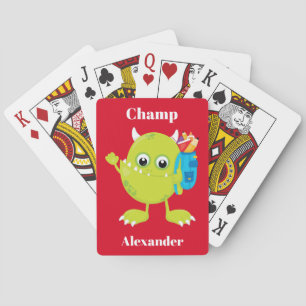 Green Monster on red background Playing Cards